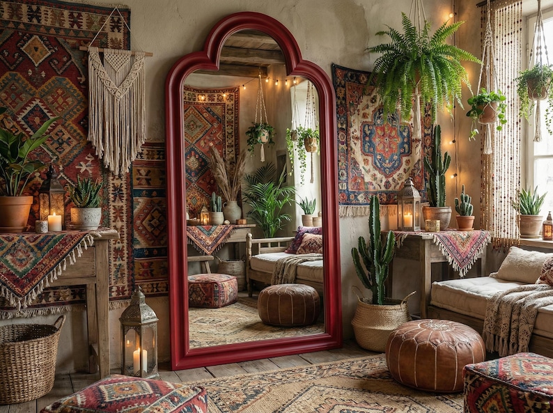 May include: A bohemian-style room with a large red-framed mirror, patterned rugs, and hanging plants. The room features a mix of textures, including woven textiles, leather poufs, and wooden furniture, creating a warm and inviting atmosphere. Candles and string lights add to the cozy ambiance.
