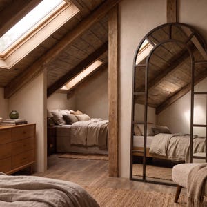 May include: A tall, arched floor mirror with a dark metal frame featuring a grid design. The mirror stands upright, reflecting a bedroom interior with a bed, wooden dresser, and a textured chair positioned in the foreground of the room.