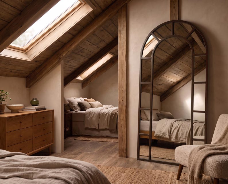May include: A tall, arched floor mirror with a dark metal frame featuring a grid design. The mirror stands upright, reflecting a bedroom interior with a bed, wooden dresser, and a textured chair positioned in the foreground of the room.