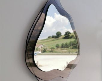 Cloud Wave Squiggle Mirror, Asymmetrical Modern Smoked Glass Wall Decor, Organic Shape, Irregular Abstract