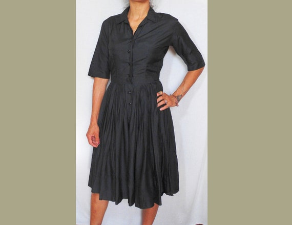 S - 1940s Homemade Black Silk Dress - 38 Bust 26 … - image 1