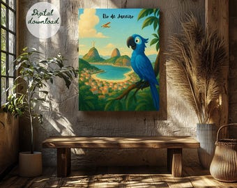 Río vibrante, arte mural digital, lámina de la ciudad de Río, decoración estética para el hogar, impresión cálida, soleada y colorida, descarga digital, lámina de Brasil