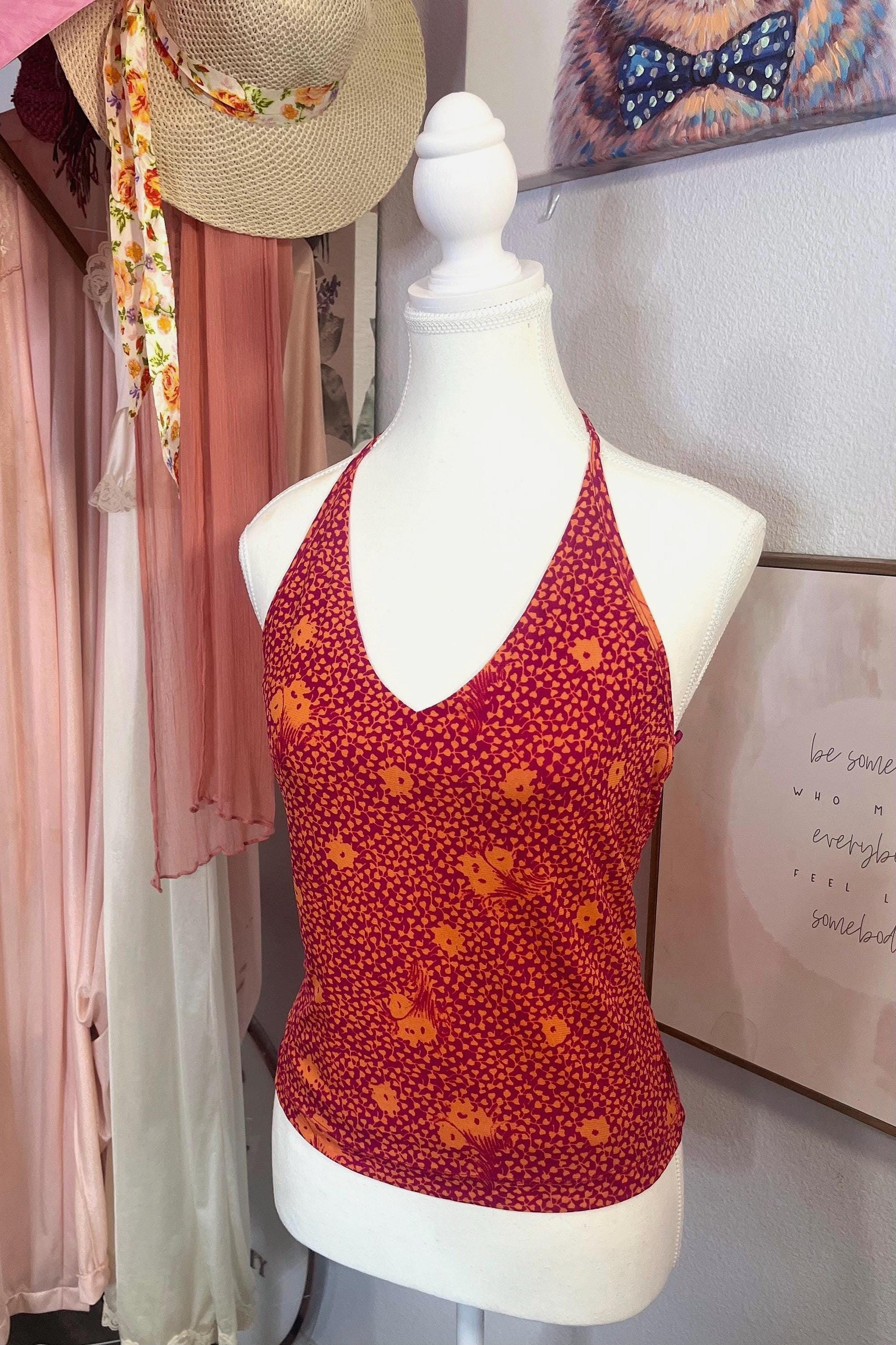 Vintage GUESS Y2K Halter Top in Orange & Magenta Floral – Cowl