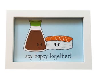 Wood Framed 4"x6" Soy Happy Together, Framed Print, Kawaii Art, BFF Gift, Anniversary gift, Kitchen Print, Food Art, Funny kitchen, Food Pun