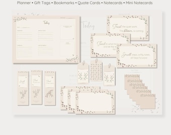 Zestaw botanicznych materiałów piśmienniczych do druku: planer, karty, zakładki i etykiety na prezenty, wersja cyfrowa do pobrania
