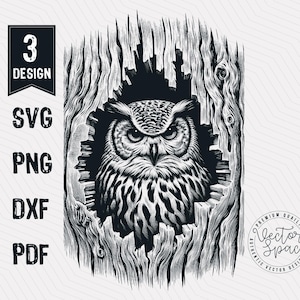 May include: Black and white illustration of an owl peering out of a tree trunk. The owl has a detailed design with sharp eyes and feathers. The tree trunk is textured and has a rough bark.