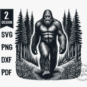 May include: Black and white illustration of a Bigfoot walking through a forest. The image has a vintage, woodcut style. The text "2 DESIGN" is in a black box, with "SVG, PNG, DXF, PDF" below. The image is labeled "PREMIUM QUALITY VECTOR SPACE GRAPHIC DESIGN".