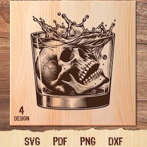 Puede incluir: Una ilustración en blanco y negro de un cráneo humano sumergido en un vaso de agua. El agua está salpicando fuera del vaso. La imagen es de estilo vintage.
