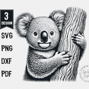 May include: Black and white illustration of a koala bear hugging a tree trunk. The koala has a friendly expression and is drawn in a detailed, realistic style.