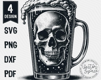 Skull Beer Illustration Vector, Skull Head SVG, Beer Mug, Alcoholic Drink, Skeleton Beer Laser Cut Vector PNG Clipart Cut Files Engraving