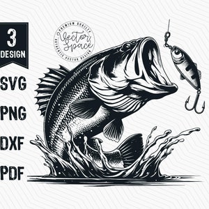 May include: A black and white illustration of a largemouth bass jumping out of the water with a lure in its mouth. The bass is depicted in a realistic style with detailed scales and fins. The lure is a small, silver fishing lure with a red hook.