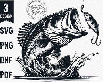 Bass Fishing SVG, Jumping Fish Clipart, Fishing Lure Vector Engraving for Cricut & Laser