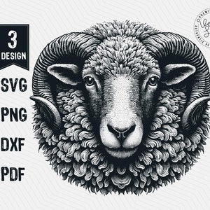 May include: A black and white illustration of a ram's head with curly wool and large horns. The ram is looking directly at the viewer.