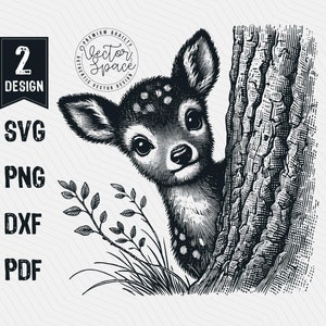 Cute Peeking Baby Deer Vector Illustration, Cute Funny Baby Deer, Deer Fawn Laser Cut Silhouette Vector PNG Clipart Engraving