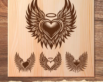 Heart Angel Illustration Vector, Heart Wings SVG, In Loving Memory, Angel Wings Laser Cut Vector PNG Clipart Cut Files Engraving