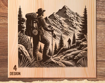 Hiking Illustration Vector, Mountain Hiking, Mountain Forest Scene, Mountain Hiker, Hiking Vector PNG Clipart Cut Files Engraving Silhouette