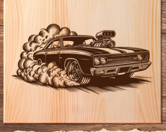 Ilustración vectorial de Muscle Car Burnout, Muscle Car SVG, archivos de corte PNG de corte láser de Car Burnout, archivos de corte de grabado