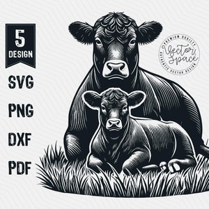 Angus Cow and Calf Illustration Vector SVG, Cow and Calf SVG, Cow and Calf PNG Clipart Cut Files Engraving Silhouette