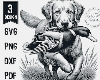 May include: Black and white illustration of a golden retriever dog carrying a duck in its mouth. The dog is standing in tall grass.