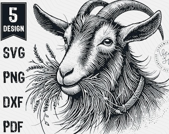 Goat Head Illustration Vector, Goat Head SVG, Goat Munching on Grass, Goat Vector PNG Clipart Cut Files Engraving Silhouette