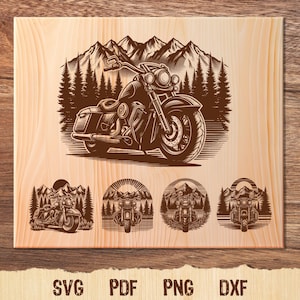 Classic Motorcycle Illustration Vector, Motorcycle Mountain Forest SVG, Retro Motorcycle Vector PNG Clipart Cut Files Engraving Silhouette
