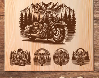 Classic Motorcycle Illustration Vector, Motorcycle Mountain Forest SVG, Retro Motorcycle Vector PNG Clipart Cut Files Engraving Silhouette