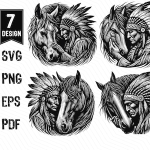 Peut inclure: Illustration en noir et blanc de quatre images d'un homme amérindien portant une coiffe et tenant la tête d'un cheval. L'homme et le cheval se font face. Les images sont dans un format carré.
