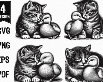 Cute Kitten Duckling, Adorable Cat Duck, Nuzzling Kitten cat and duck duckling, Duck and Cat SVG PNG Clipart Cut Files Engraving Silhouette