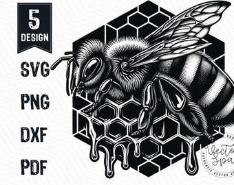 Bee Vector Illustration, Honeycomb SVG, Honey Svg, Bee Logo, Bee Hive Vector PNG Clipart Cut Files Engraving