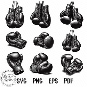 Puede incluir: Nueve ilustraciones en blanco y negro de guantes de boxeo. Los guantes están dibujados en un estilo vintage y se muestran en varias poses.
