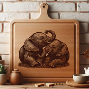 May include: A wooden chopping board with a brown illustration of two elephants hugging each other.