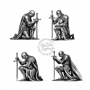 May include: Four black and white illustrations of knights kneeling in prayer with swords in their hands.