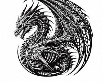 Skeletal Dragon SVG, Dragon Skeleton, Biomechanical Dragon, Fantasy Dragon Monster SVG PNG Clipart Cut Files Engraving Silhouette