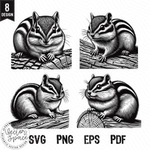 May include: Four black and white illustrations of chipmunks sitting on logs. The chipmunks are drawn in a vintage style with detailed fur and whiskers.