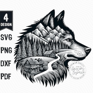May include: Black and white illustration of a wolf's head with a mountain landscape and houses inside. The wolf's head is facing right and the landscape is detailed with trees, a winding road, and a small cabin.