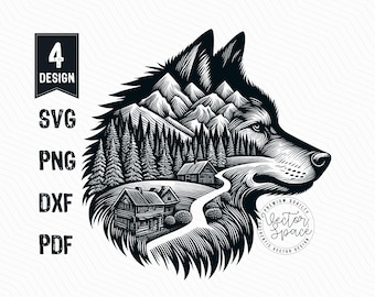 Wolf Mountain Landscape Vector Illustration, Wolf  Head SVG, Wolf Mountain Forest Scene, Wolf Vector PNG Clipart Cut Files Engraving