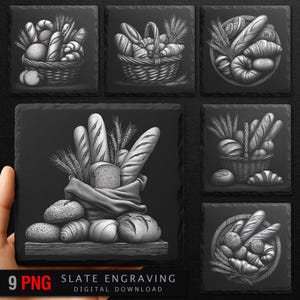 Puede incluir: Descarga digital de grabados en pizarra con diseños de pan. La imagen muestra ilustraciones detalladas de pan, baguettes y cruasanes en cestas y una bolsa de tela. La obra de arte está en escala de grises, con el texto "9 PNG" y "SLATE ENGRAVING DIGITAL DOWNLOAD".