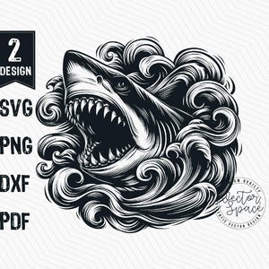 May include: Black and white illustration of a shark with its mouth open, surrounded by waves. The shark is in the centre of the image and the waves are around it. The image is in a vintage style.