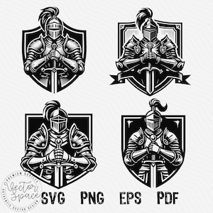 Medeltida riddare SVG, riddare krigare, riddare sköld rustning svärd, riddare logotyp symbol SVG PNG Clipart klippfiler gravyr silhuett
