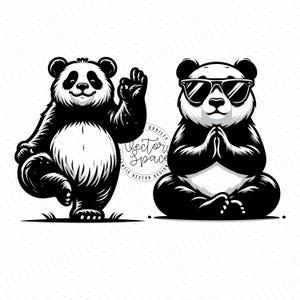 May include: Two black and white panda bears in different yoga poses. One panda is standing on one leg with its other leg raised and its arm raised in a wave. The other panda is sitting with its legs crossed and its hands in a prayer position. Both pandas have black eyes and noses and white fur.