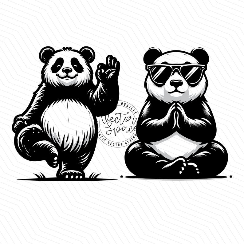 May include: Two black and white panda bears in different yoga poses. One panda is standing on one leg with its other leg raised and its arm raised in a wave. The other panda is sitting with its legs crossed and its hands in a prayer position. Both pandas have black eyes and noses and white fur.