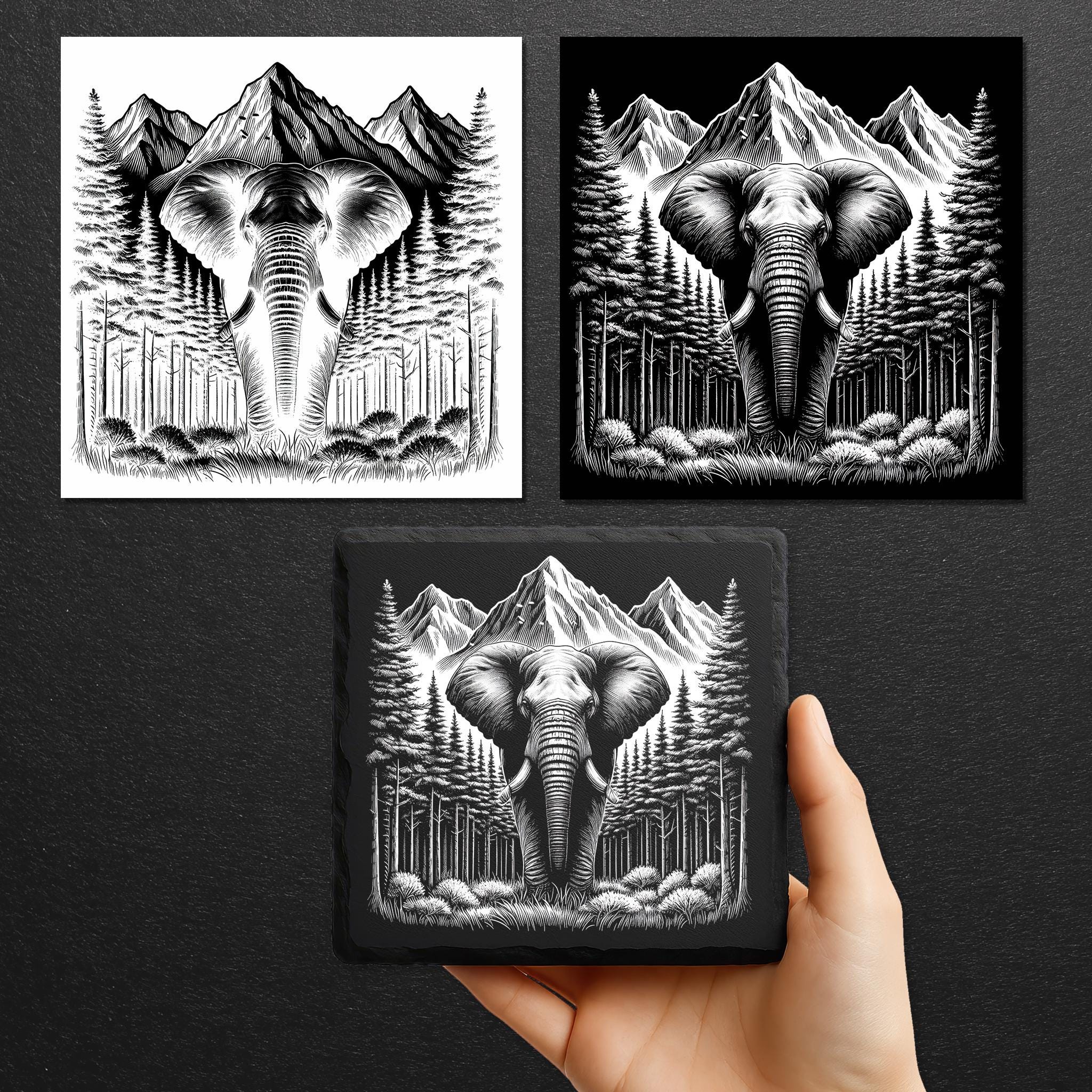 Elephant Slate Engraving PNG Bundle: Mountain Forest Scene (digital ...