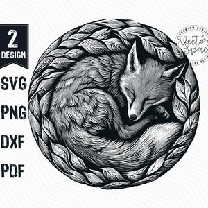 Fox Illustration Vector, Sleeping Fox SVG, Fox and Leaves, Wildlife Fox, Curled Up Fox Laser Cut Vector PNG Clipart Cut Files Engraving