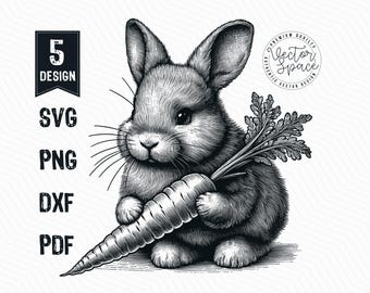 Bunny Rabbit With Carrot Vector Illustration, Cute Bunny Carrot SVG, Cute Rabbit Carrot Svg, Bunny Vector PNG Clipart Cut Files Engraving
