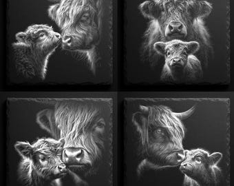 Highland Cow & Calf Slate Engraving PNG Bundle: Rustic Farmhouse Laser Art (Digital Download)