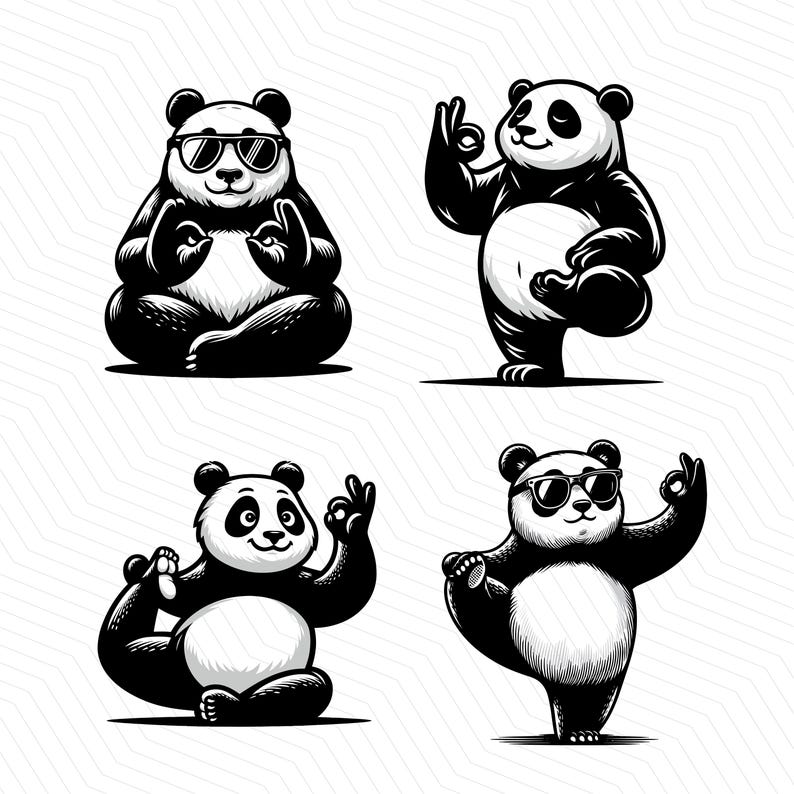 May include: Four black and white panda bear illustrations. Each panda is wearing sunglasses and is in a different yoga pose. The poses include a seated meditation pose, a standing tree pose, a seated warrior pose, and a standing downward-facing dog pose.