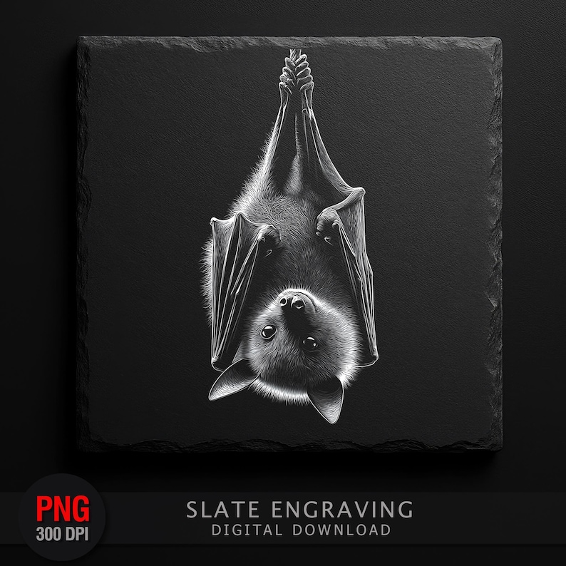 Cute Hanging Bat PNG | Whimsical Animal Slate Engraving File | Black ...