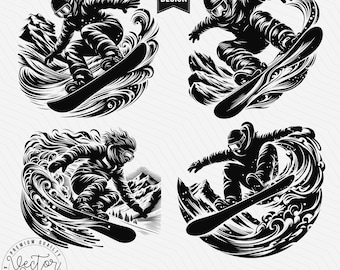 Snowboarder Bundle SVG, Snowboarding, Mountain Landscape, Winter Sport Snowboard SVG PNG Clipart Cut Files Engraving Silhouette
