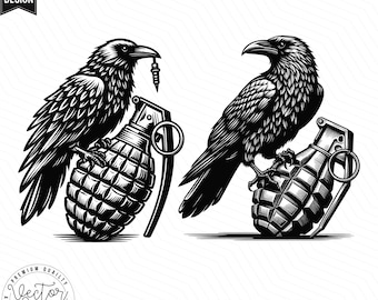 Raven and Hand Grenade SVG, Raven Crow Svg, Raven and Grenade, Weapon, Military, Raven Bird SVG PNG Clipart Cut Files Engraving Silhouette