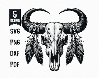 Native American Bull Cow Skull Vector Illustration, Cow Skull SVG, Bufallo Skull, Bull Skull Vector PNG Clipart Cut Files Engraving